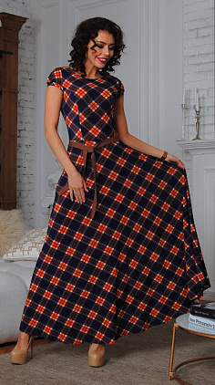 Платье "Лаура" 6207-1-9-макси косая клетка/ терракот